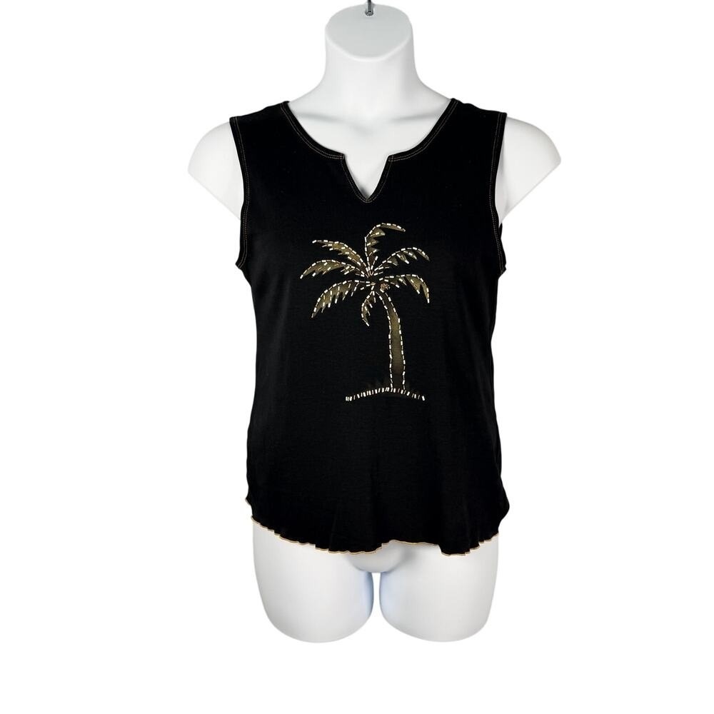 Santiki Tank Top Womens XL Black Beaded Palm Tree 100%‎ Cotton Made in Indonesia